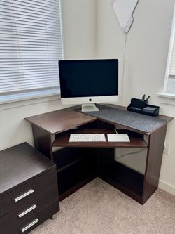 Dark Wood Corner L  Desk & Matching 3-Drawer File Cabinet