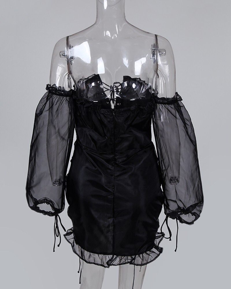mesh lace-up drawstring design ruched dress Mesh Lace Up Drawstring Design Ruched Dress