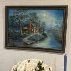 Antique Chalk Drawing/Painting Of Moonlit Cabin And Stream