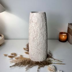 Minimalist Textured Hand-painted Ceramic Vase 15" tall - Cream Sand wash