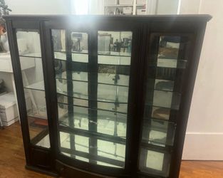 Brown Wood Glass Display Cabinet, 3 Glass Doors, 4 Shelves, 47x48x14 in