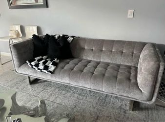 Gray Velvet Tufted Sofa with Metal Legs