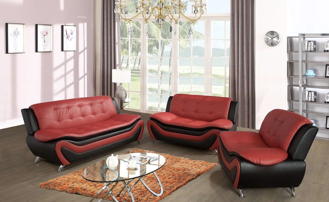 Modern Style Red Leather Three Piece Couch Set