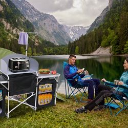 Camping Kitchen Table, Folding Table, Upgrade Light Stand and Windshield Cooking Station & 3 Organizers, Carry Bag for Outdoor, Beach, BBQ, Picnic, Co