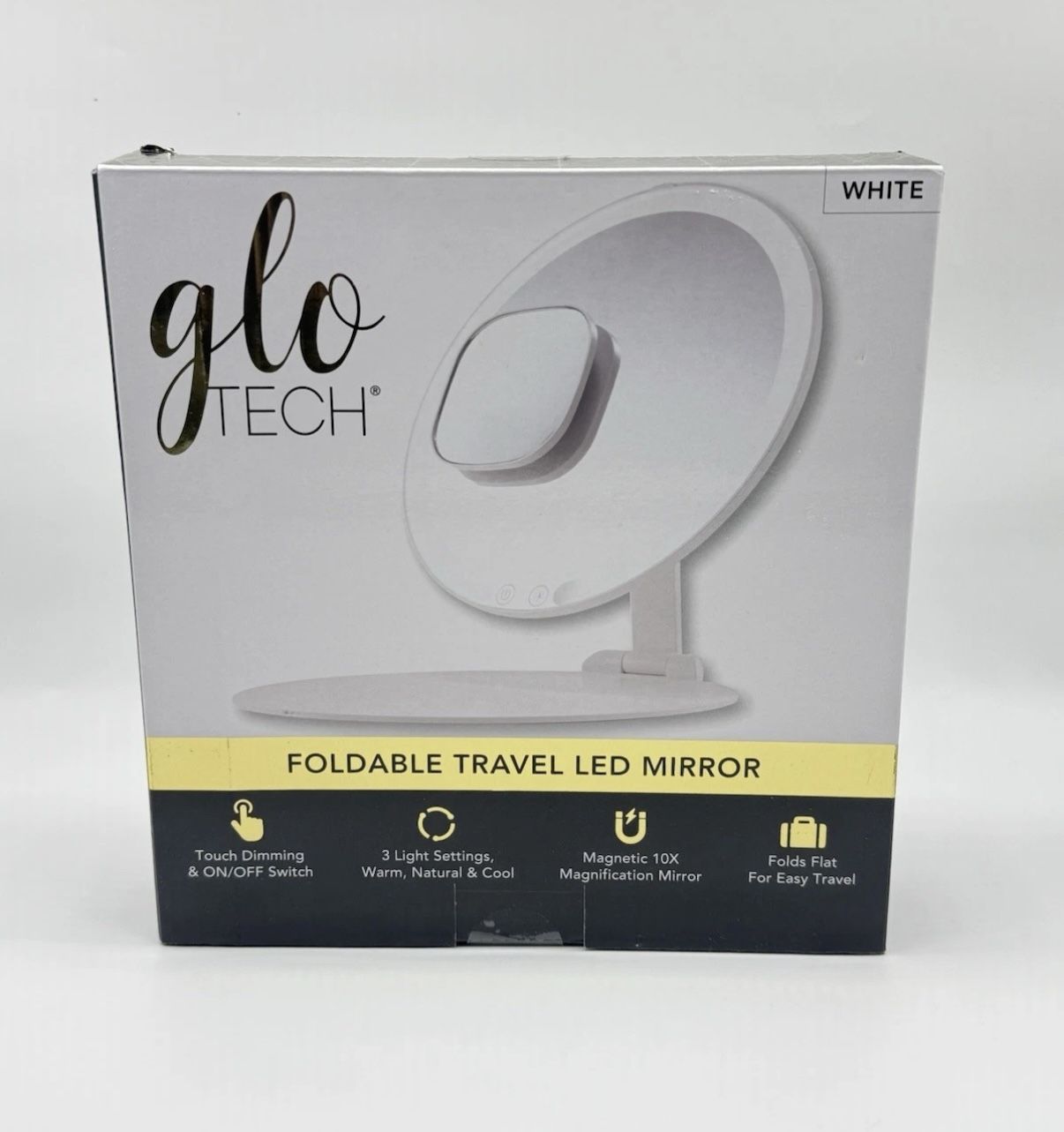 GloTech Foldable Travel LED Mirror W/10X Magnetic Mirror, White