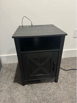 Modern Black Nightstand w/ Storage Cabinet & USB Charging Port