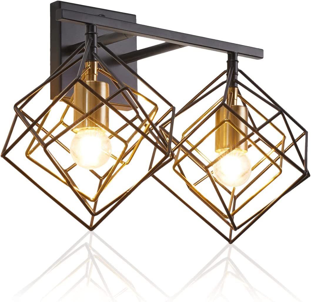 2-Lights Bathroom Light fixtures Over Mirror, Bathroom Vanity Light Fixtures Modern Lighting Black and Gold Brushed Brass with Unique Rotatable 3 Cube