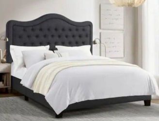 Dark Gray Wood Frame King Modern Upholstered Platform Bed with Curved Tufted Headboard