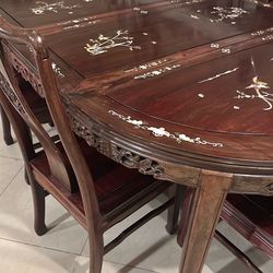 Chinese Rosewood Dining Set w/ Mother-of-Pearl Inlay Table + 7 Chairs