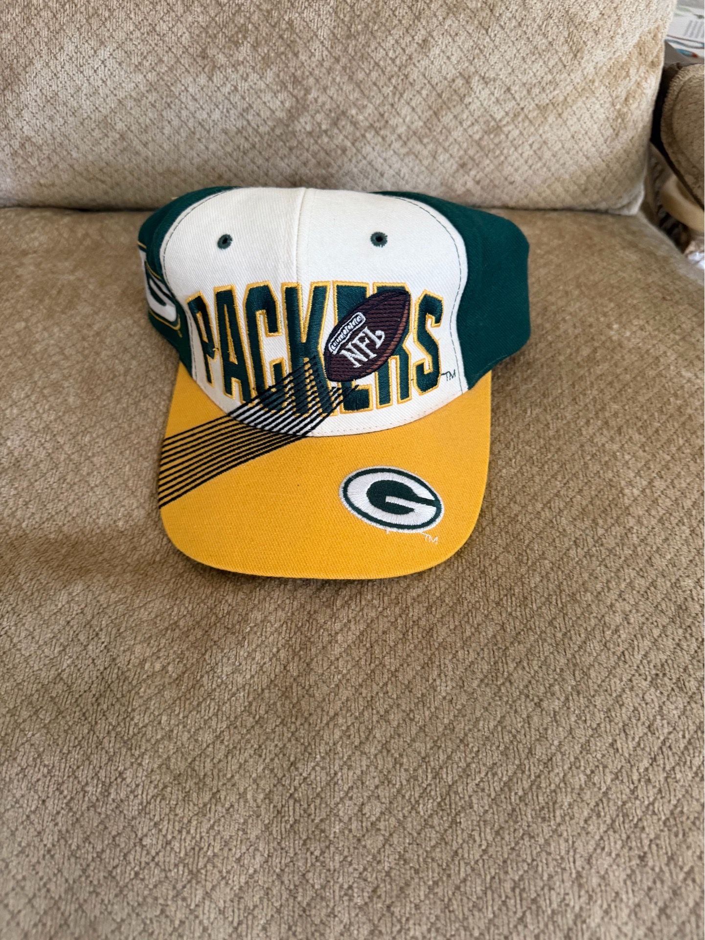 Vtg 90s Green Bay Packers Drew Pearson Embroidered Spellout Colorblock Cap
