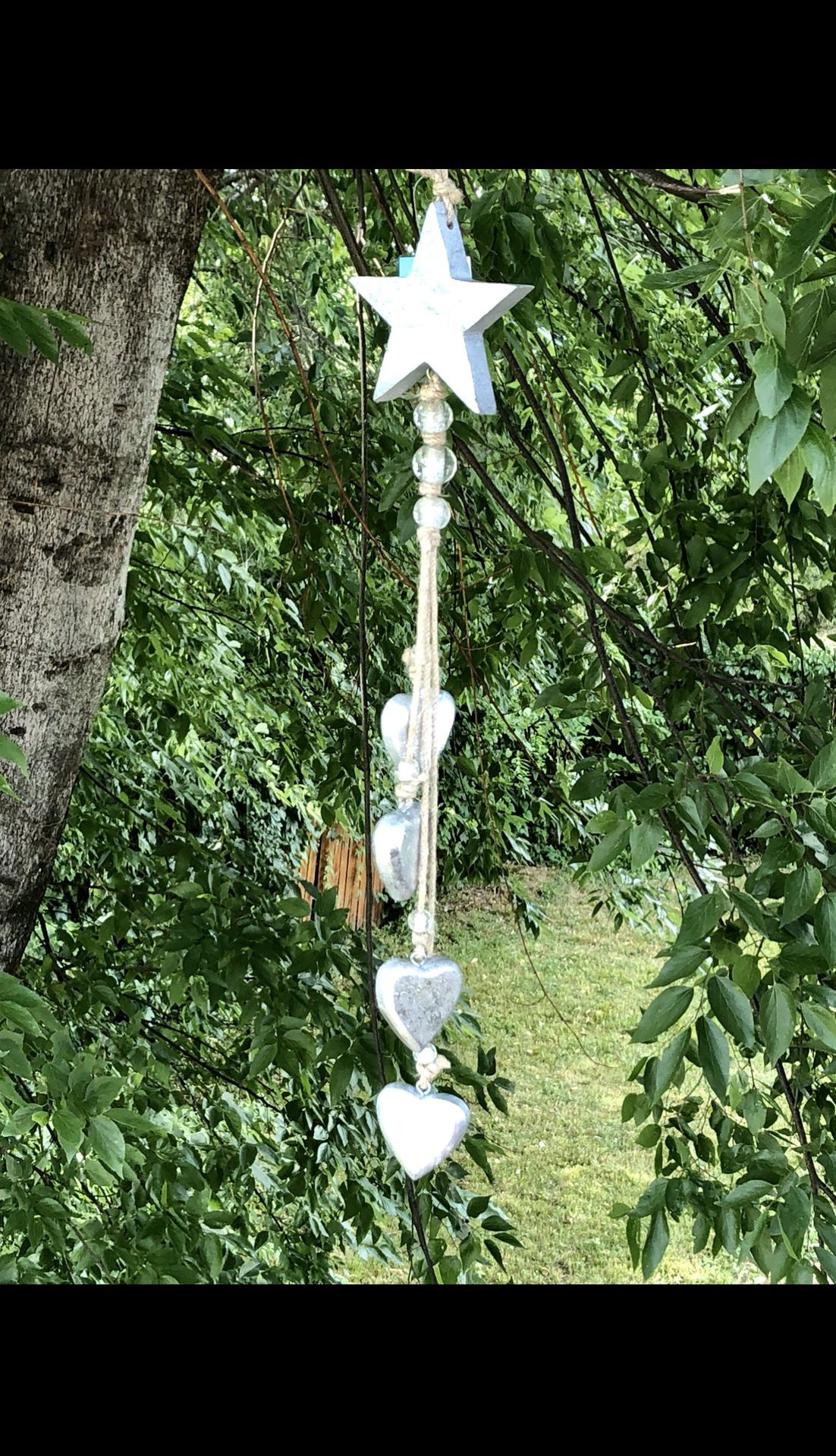 Wooden Star & Hearts Long Beaded Twine String Sun Catcher Garden Patio Decor