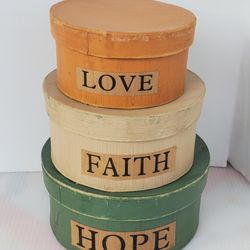3 Wooden Boxes Farm house Home Decor Nesting Stacking Faith Hope Love Primitive 

