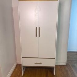 New White & Gold Wardrobe Closet with Doors Bedroom Armoire, Cabinet with  Drawer, with Hanging Rod