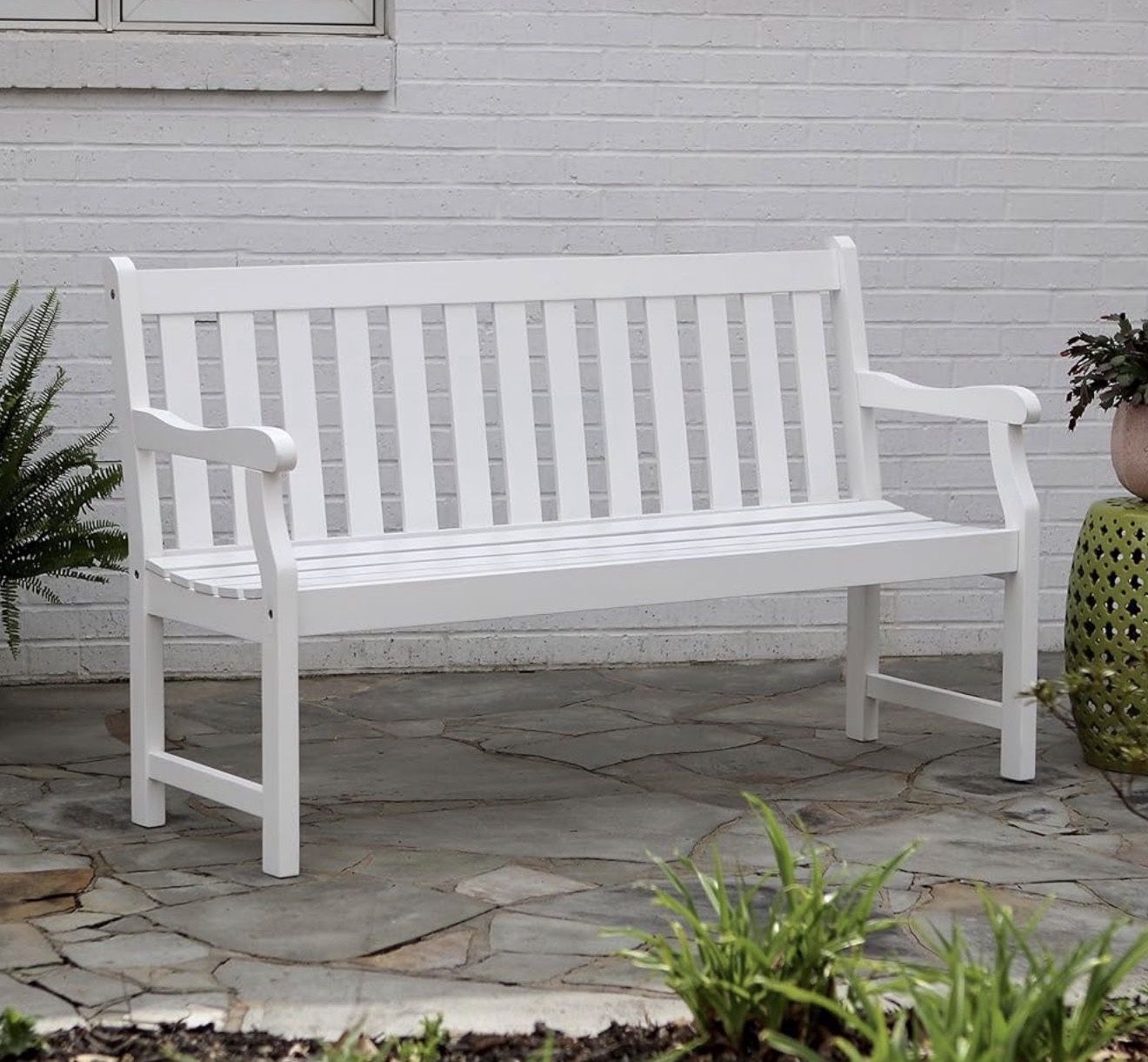 White Outdoor Wooden Bench 