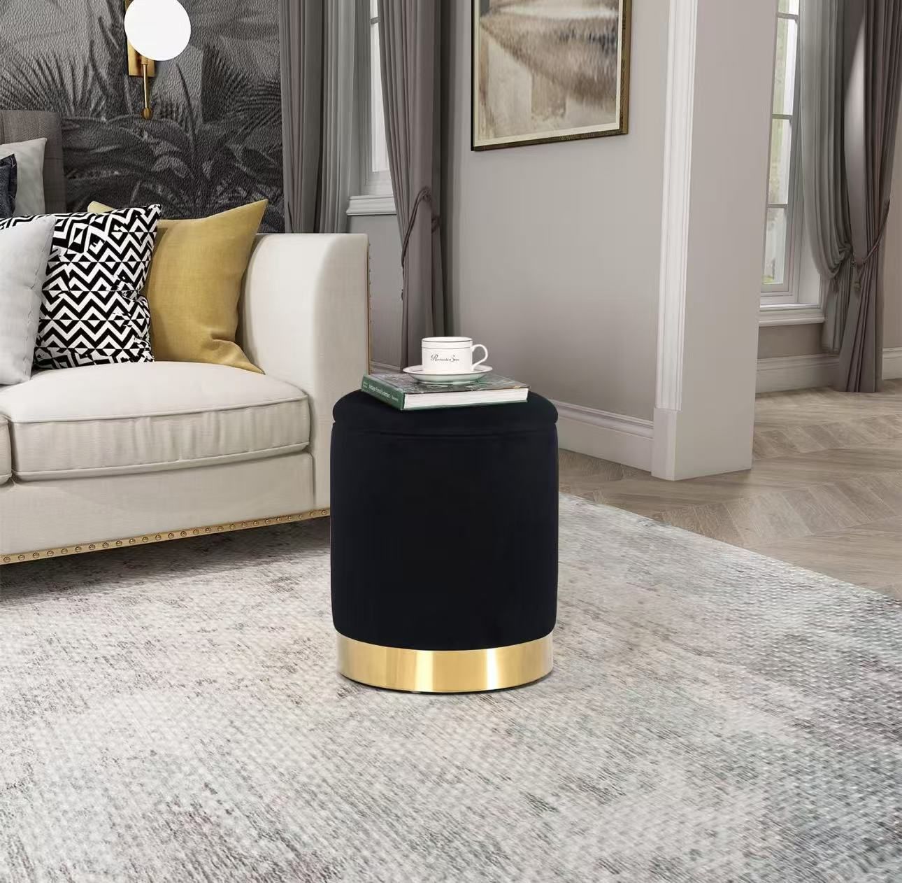 Round Storage Ottoman Upholstered Velvet Vanity Ottoman Stool with Gold Trim Small Modern Footrest for Living Room Bedroom (Black)
