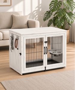 43” Wooden Dog Crate Furniture with 360°Rotatable Removable Dog Bowls, Dog Crate End Table with Tray, Double Doors Dog Kennels for XLarge Dogs