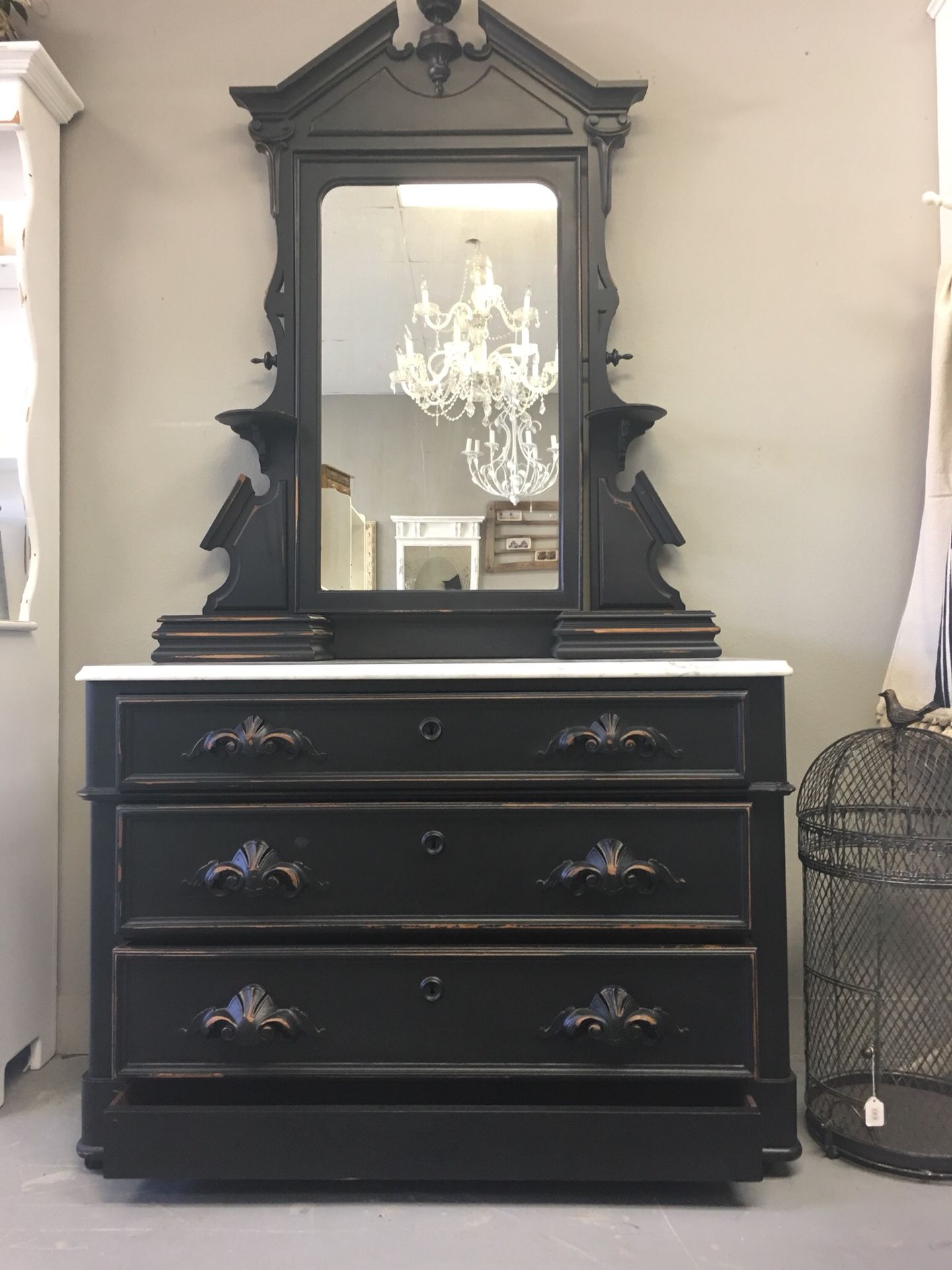 Antique black distressed Victorian dresser with hutch