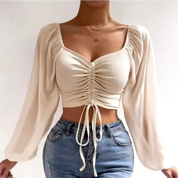 Crop Top Blouse Ruched Lantern Sleeves