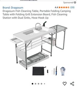 Dragosum 42'' Outdoor Fish Cleaning Table Portable Camping Sink Station with Double Sinks, Collapsible Swivel Faucet, Picnic Sink Table with 6pc Fish 