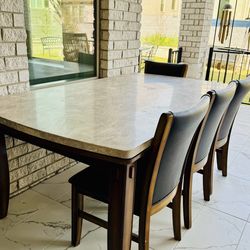 Marble Top Solid Dining Table and 4 Leather Chairs