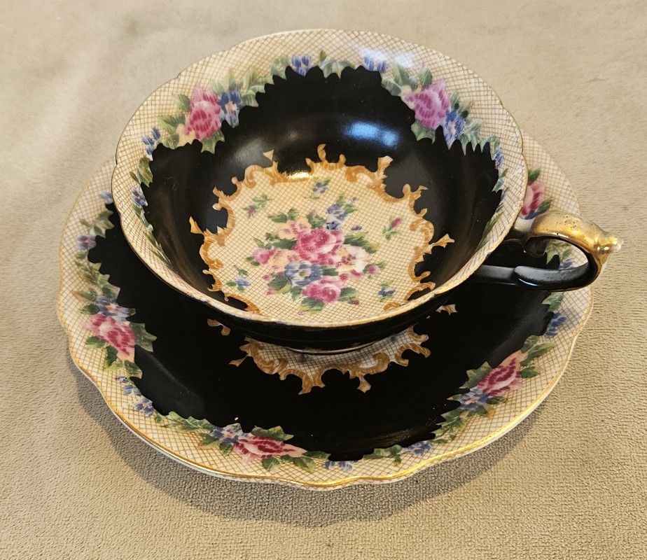 Chugai China Tea Cup and Saucer - Black and Tan - Occupied Japan