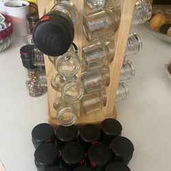  Revolving Spice Rack 16 Fillable Glass & Wood