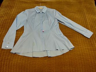 MICHAEL KORS Light Blue Peplum Long Sleeve Button Down Blouse