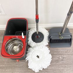 $30 (Brand New) Broom Dustpan and Spin Mop Set Extended Handle w/ 2pc Microfiber Replacements 