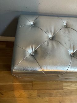 Metallic Silver Tufted Storage Ottoman Bench – Rhinestone Buttons & Cabriole Legs (Glam Style)