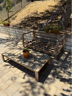 Outdoor table, bench, and coffee table