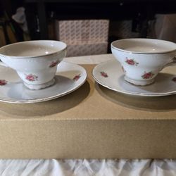 Vintage Teacup and Saucer Set, Japan, pink roses, set of 2