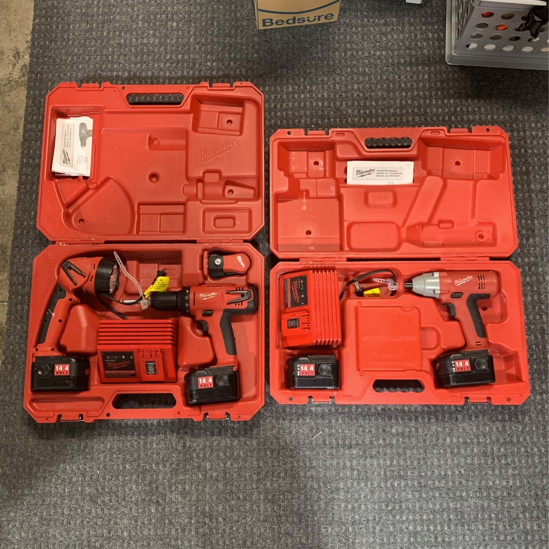 14.4V Milwaukee 1/2” Drill, Impact Driver, 4ea Batteries, 2ea Chargers