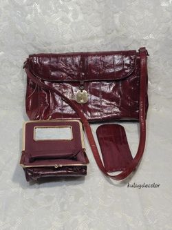 Vintage Genuine Eel Skin 3-Piece Burgundy Handbag Wallet Eyeglass Makeup Case