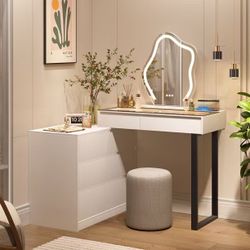 ❤️‍🔥 Corner Vanity Desk with Mirror and Lights, Vanity Dresser with Charging Station, White $ 150