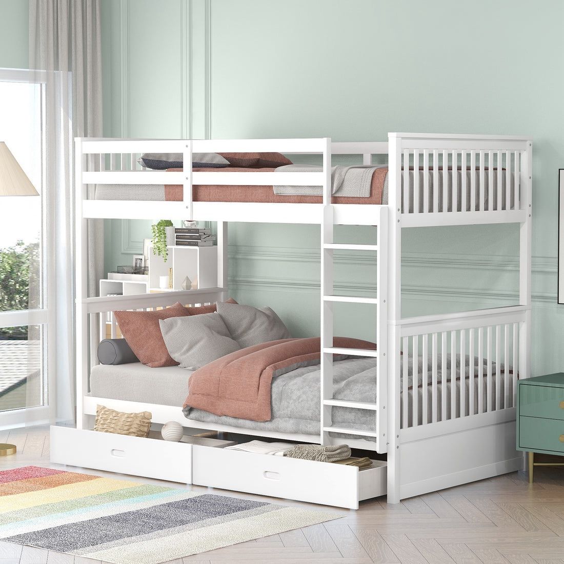 White Twin Over Twin Bunk Bed With Ladder And Two Storage Drawers [NEW] * Assembly required**
