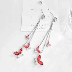 NEW! Crystal Butterfly Pendant Long Tassel Dangle Earrings