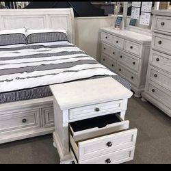 Shawnette Antique White Storage Bedroom Set Queen or King Bed Dresser Nightstand and Mirror Chest Options 