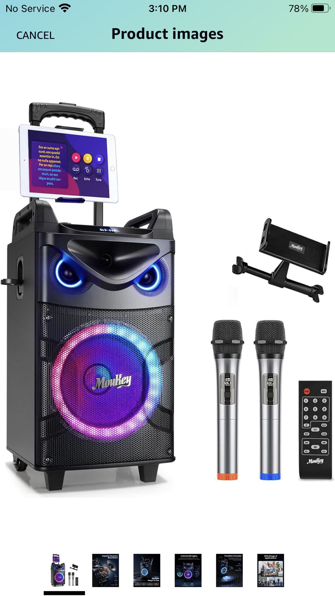 Moukey Karaoke Machine, 10" Woofer Portable PA System, Bluetooth Speaker with 2 Wireless Microphones, Lyrics Display Tablet Holder, Party Lights & Ech
