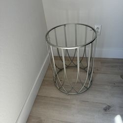 Glass Top Metal Frame Silver Side Table / 15” Diameter / 20” Tall / Plant Stand