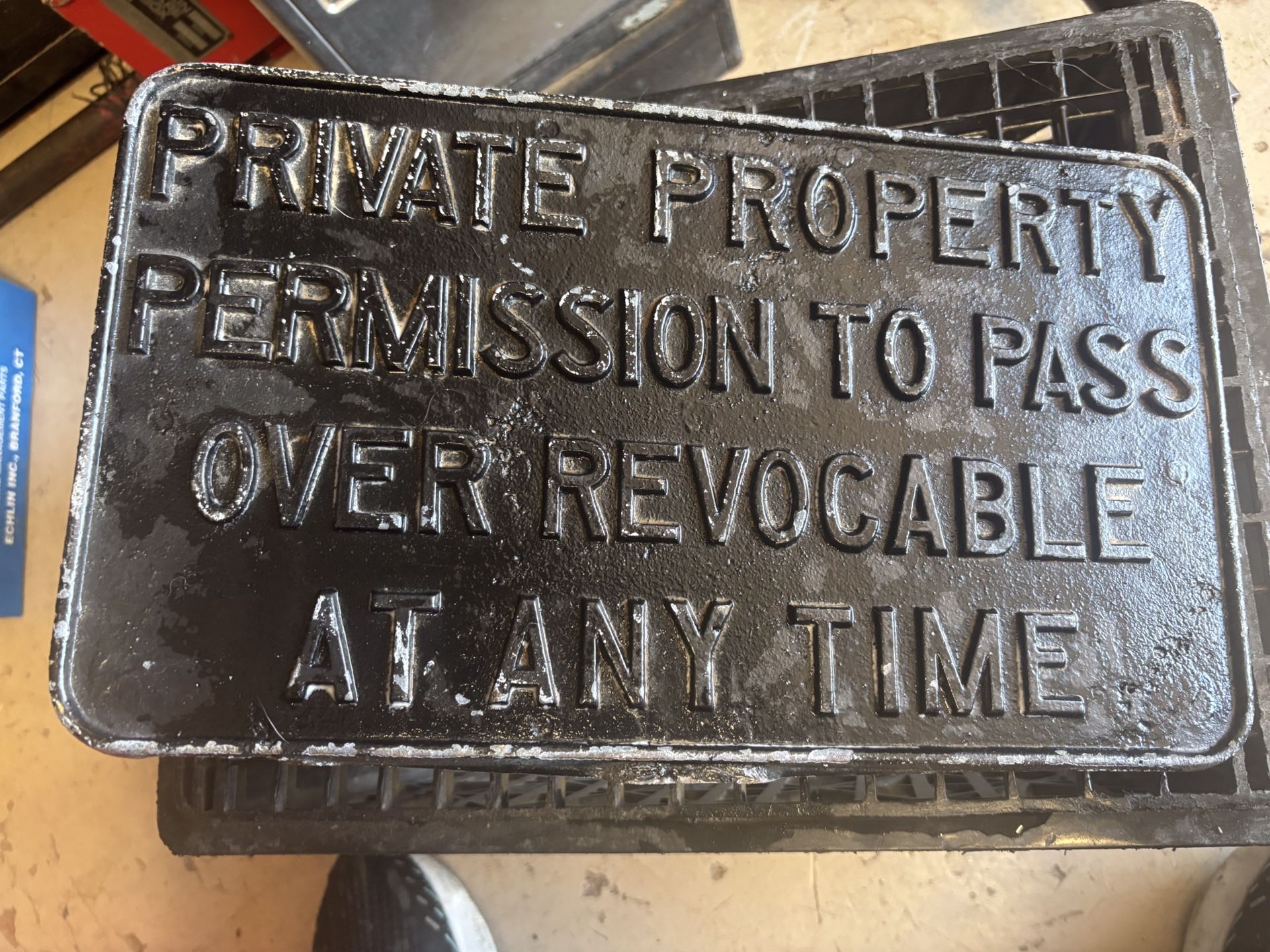 Antique Cast Iron Railroad Private Property Permission Sign Plaque.