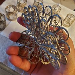 Very Rare 1960s Soviet Souvenirs: Filigree Metal Napkin Holder With Filigree Metal Set Of 7 Napkin Rings 