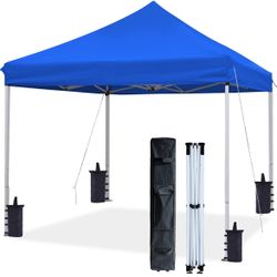 New AsterOutdoor 10'x10' Commercial Heavy Duty Pop Up Canopy with Adjustable Leg Heights, Wheeled Carry Bag, Sandbags, Stakes and Ropes, Royal Blue