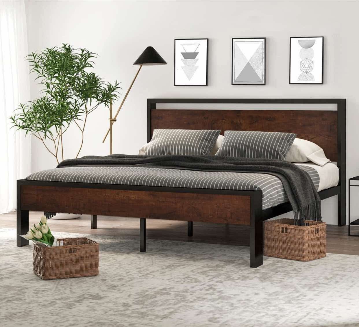 Queen Size Metal Platform Bed Frame with Wooden Headboard & Footboard, Mahogany, Adult