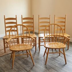 Set of 6 Wood Dining Chairs - 4 Ladder Back and 2 Windsor Armchairs