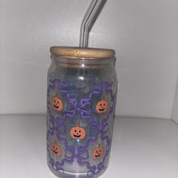 Pumpkin Halloween Glass Tumbler with Lid & Straw, Iced Coffee Cup