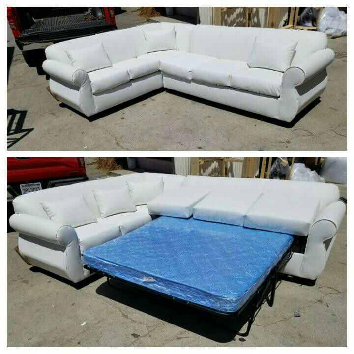 NEW 7X9FT WHITE LEATHER SECTIONAL WITH SLEEPER COUCHES
