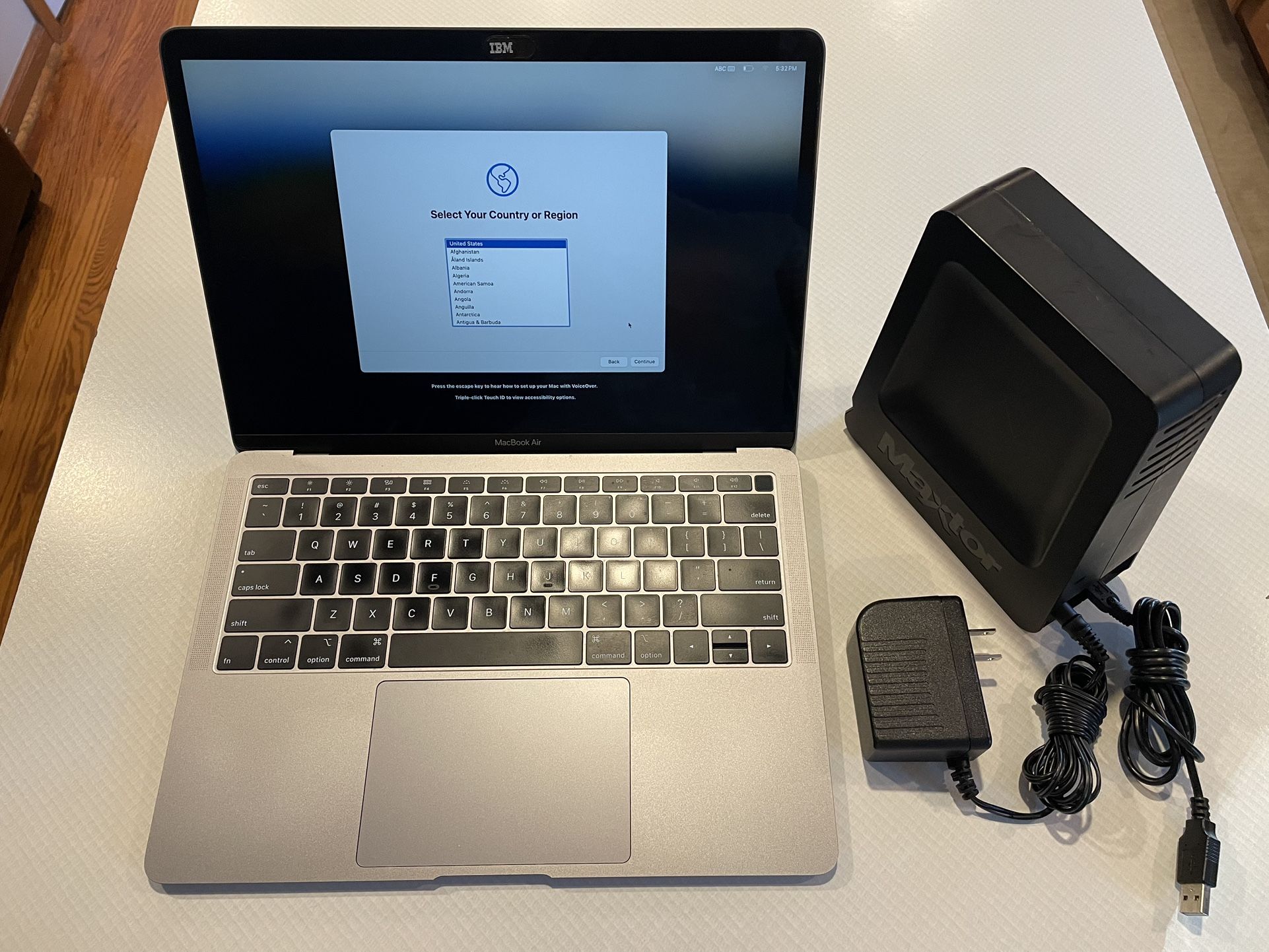 2019 MacBook Air, includes Charger, Cable and 500 GB Maxtor OneTouch hard drive: