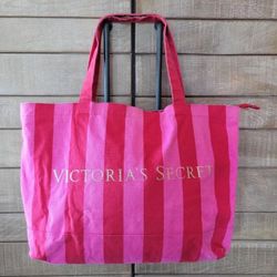 VICTORIA'S SECRET TOTE BAG LARGE 29 x 20 PINK CANVAS STRIPES BEACH OVERNIGHT & SHOPPING