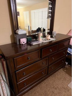 King size bed set with side tables and dresser with mirror