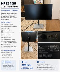 HP E24 G5 23.8” Full HD IPS Monitor – $120 Each (2 Available)